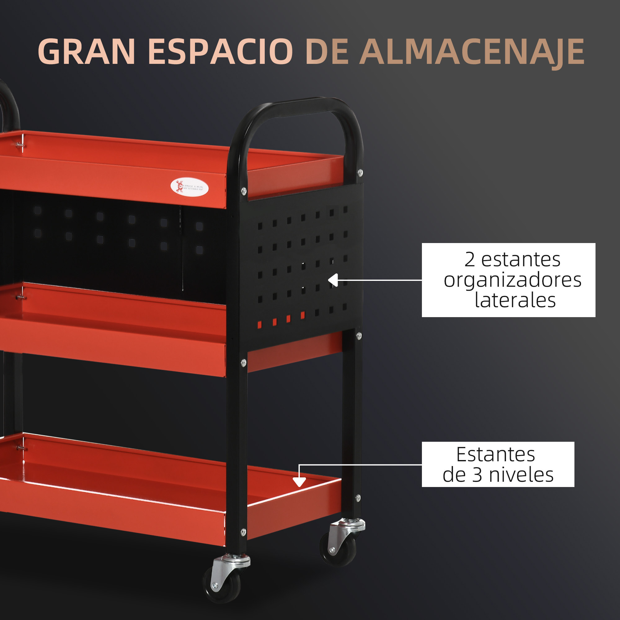 Carro de Taller Carro de Herramientas con 3 Estantes Ruedas y Paneles Perforados para Garaje Mecánico Hogar Carga 100 kg Rojo y Negro