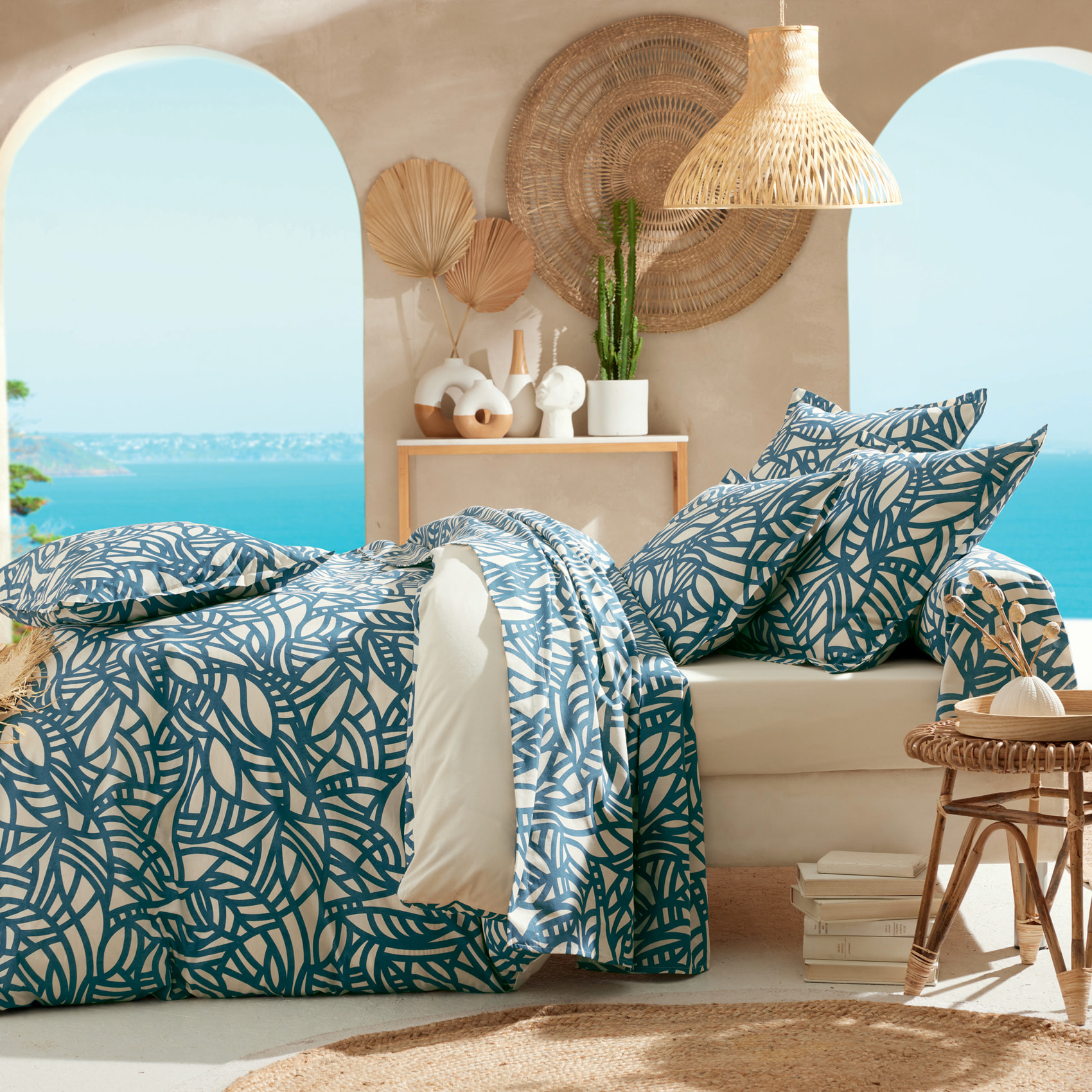 Parure de lit 3 pièces coton végétal géométrique housse + taies - Bleu