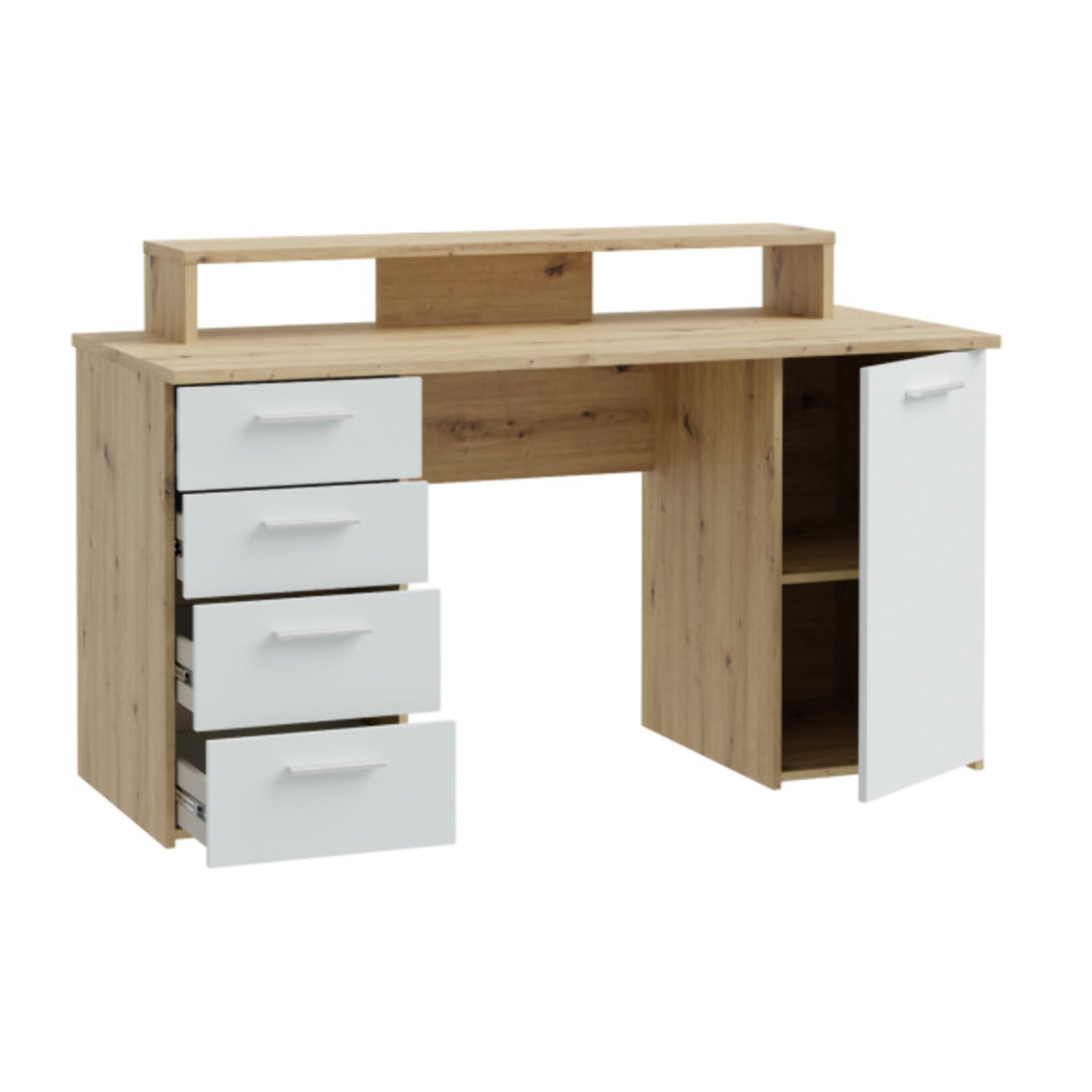 Bureau L145cm 4 tiroirs 1 porte 1 tablette décor gris et chêne - ELENA