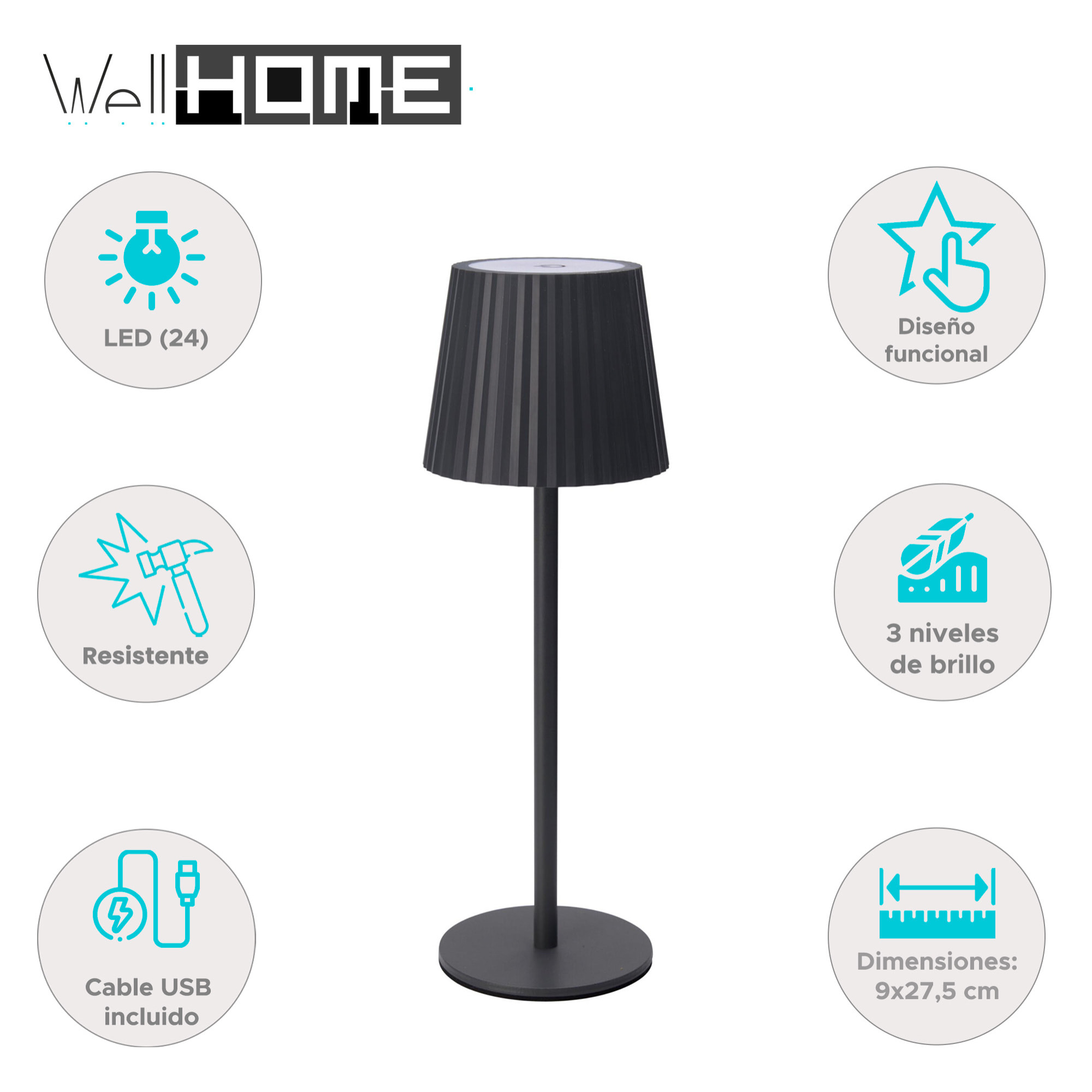 Well Home Lámpara de Mesa Gris LED recargable con 24 luces blancas cálidas y 3 niveles de brillo Ø9x27,5cm