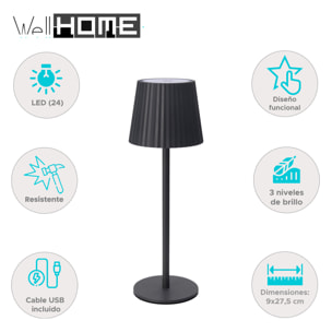 Well Home Lámpara de Mesa Gris LED recargable con 24 luces blancas cálidas y 3 niveles de brillo Ø9x27,5cm