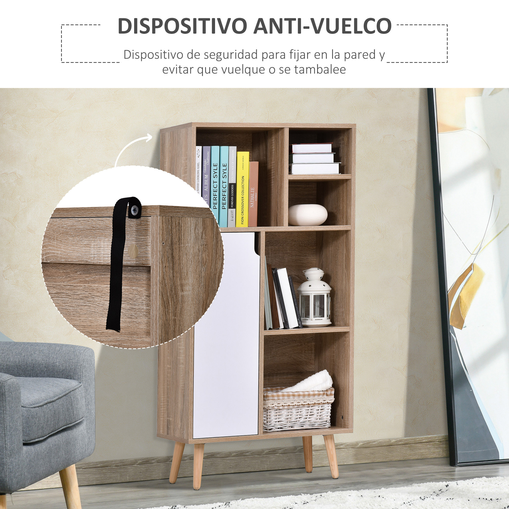 Mueble Aparador Alto Armario Auxiliar de Salón con 5 Compartimentos y 1 Puerta Multiusos para Comedor Cocina Dormitorio 60x30x121 cm Roble y Blanco