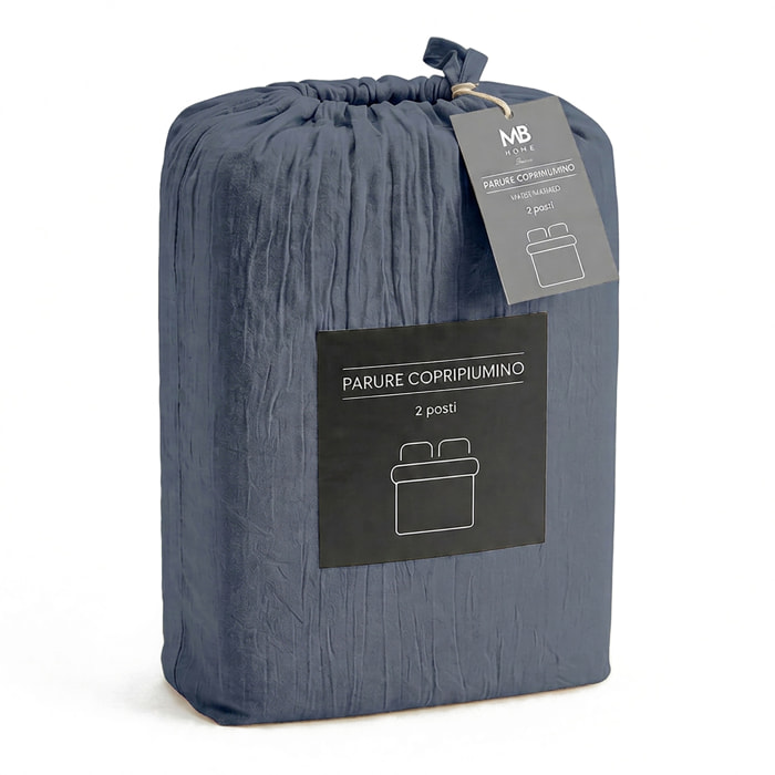 PARURE COPRIPIUMINO WATER WASHED, 100% Microfibra, No Stiro - BLU