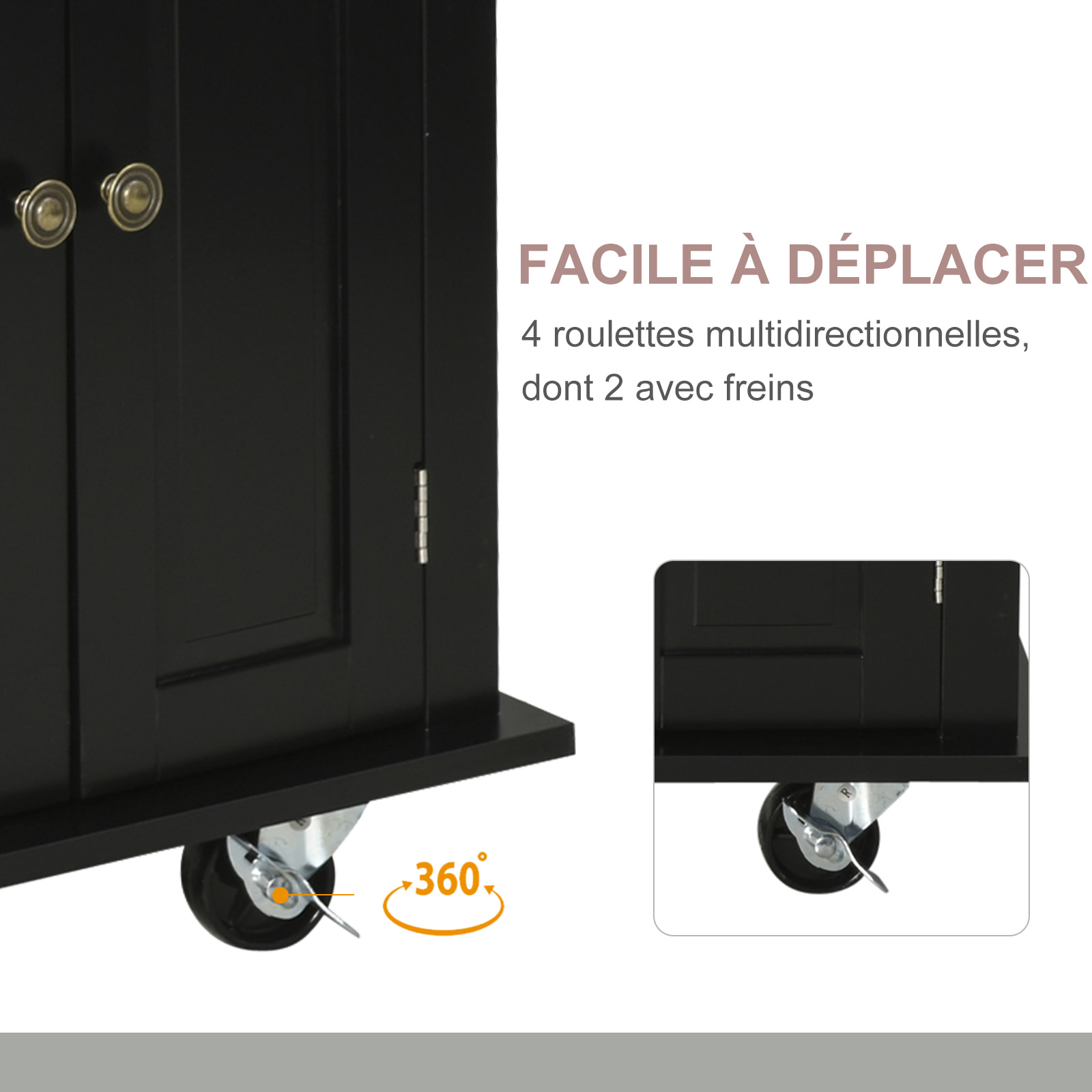 Desserte de cuisine multi rangements 2 tiroirs 2 placard 2 portes avec étagère range-bouteille porte-torchons MDF noir hévéa