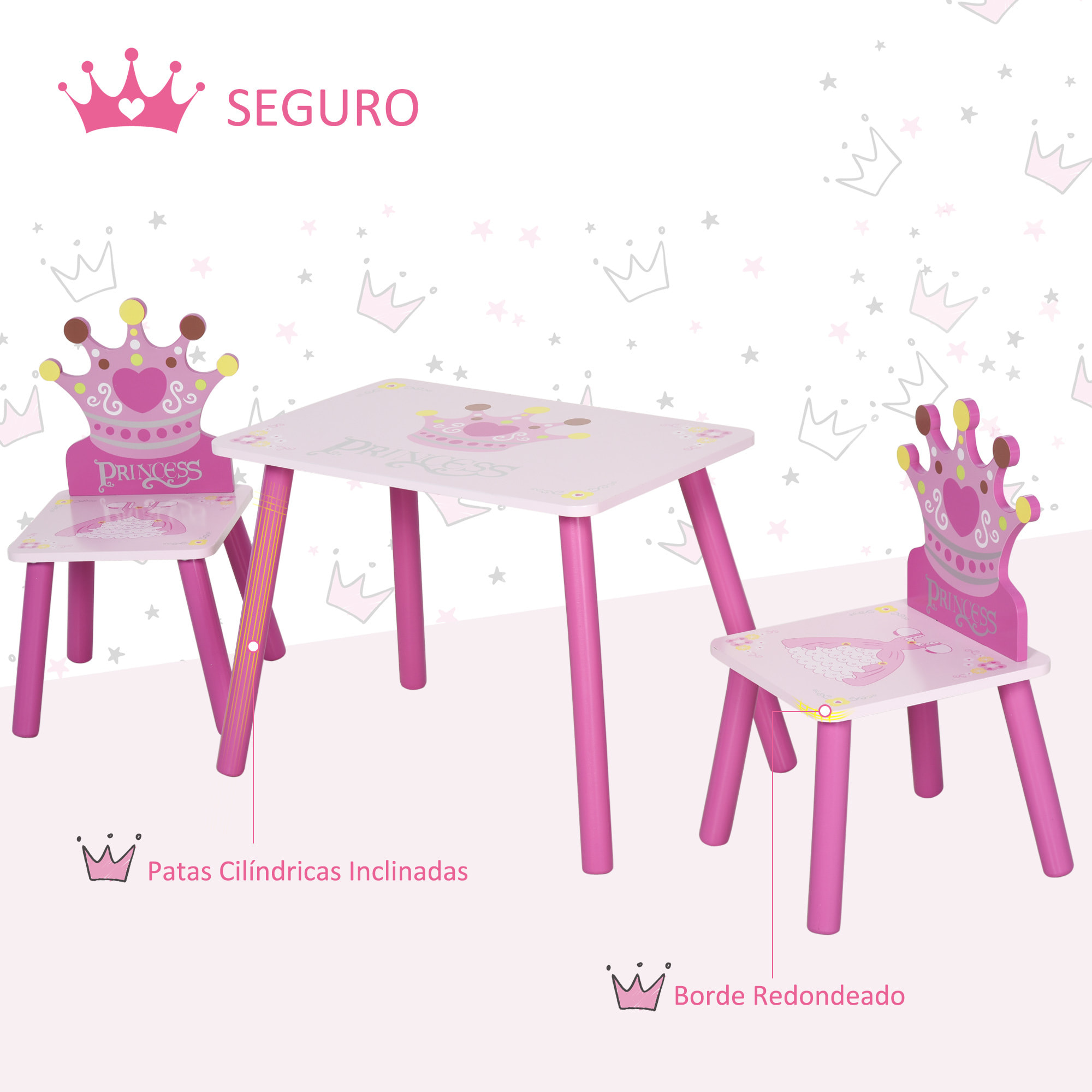 Juego de Mesa y 2 Sillas Infantiles de Madera Set de Mesa 55x34x42 cm Sillas 28x26x50 cm para Niños + 3 Años para Dormitorio Color Rosa