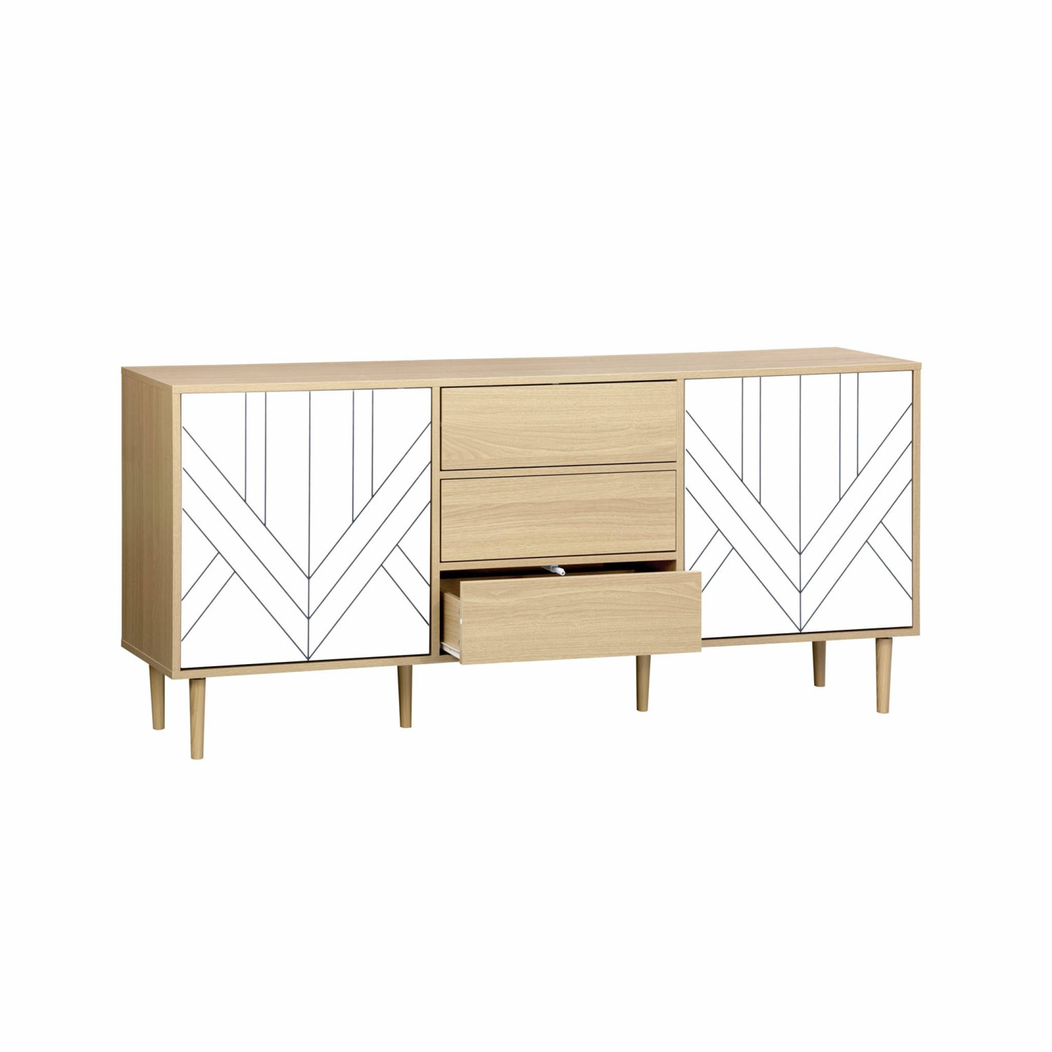 Buffet de rangement décor bois et blanc - Mika - 2 niveaux. 2 portes. 3 tiroirs. buffet bas. L 160 x l 40 x H 74cm