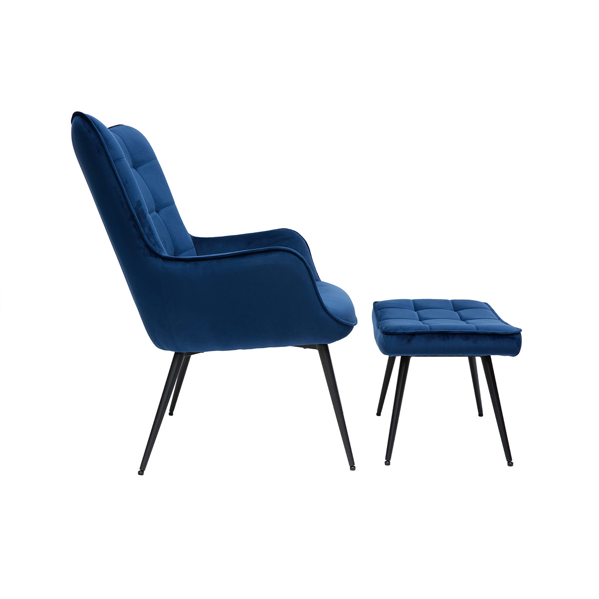 Fauteuil avec repose-pieds design en tissu velours bleu foncé et métal noir MOOD