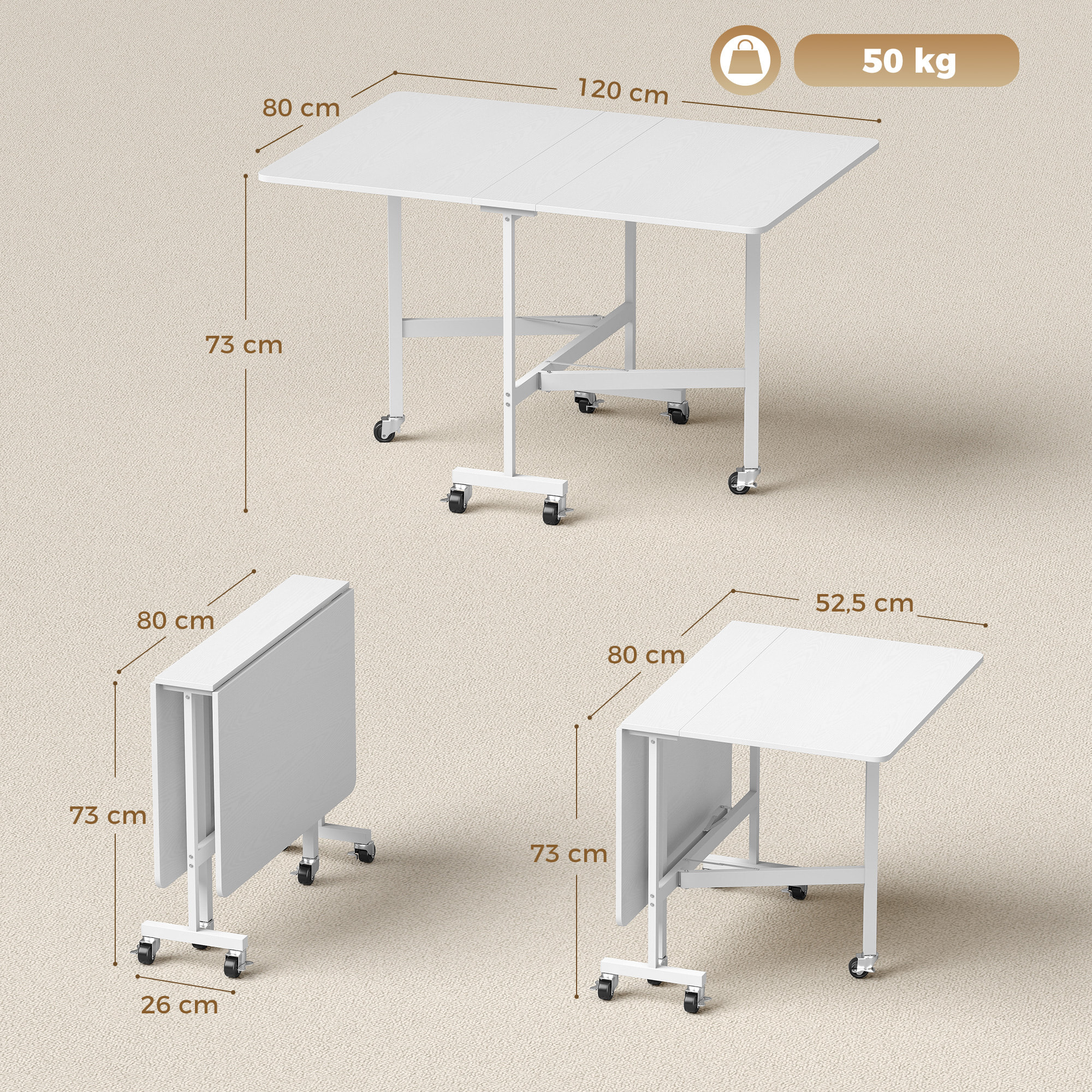 Table pliable 6 personnes - table à rabat mobile 6 roulettes - acier blanc effet bois blanc