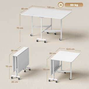 Table pliable 6 personnes - table à rabat mobile 6 roulettes - acier blanc effet bois blanc