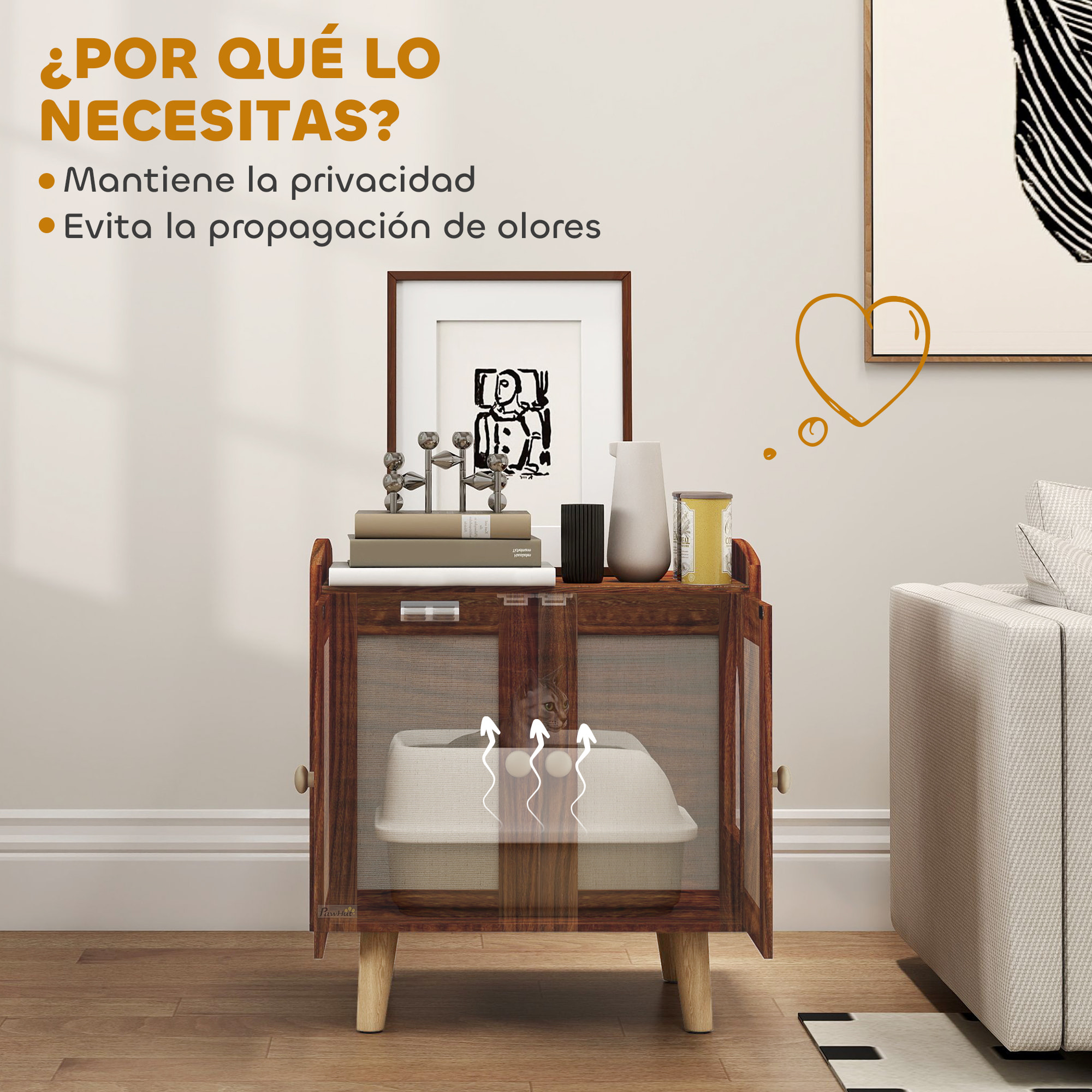 Mueble Arenero para Gatos Caja de Arena para Gatos Mesa Auxiliar con Puertas con Esteras de Sisal Patas de Madera para Salón Dormitorio 55x43x59,6 cm Marrón