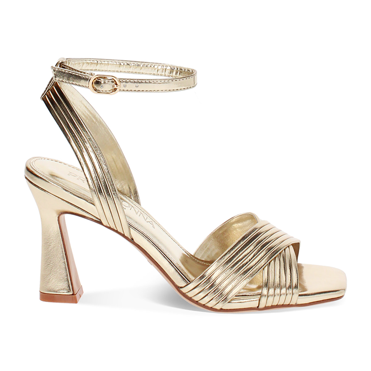 Sandalo donna dorato laminato, tacco 8,5 cm