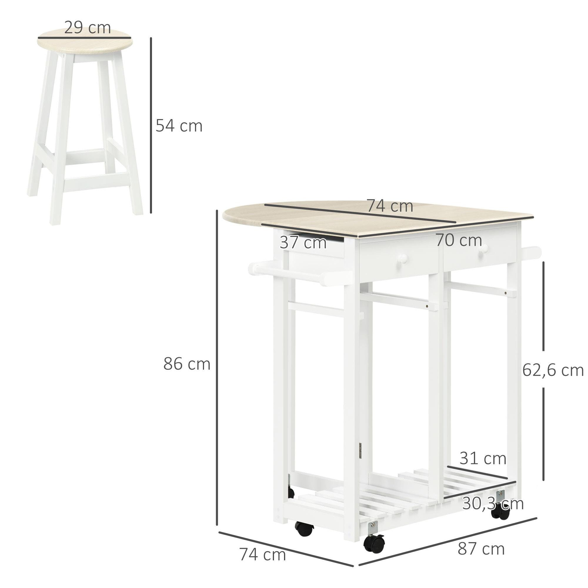 HOMCOM Carrito de Cocina de Madera 3 Piezas con 2 Taburetes Juego de Mesa de Bar con Ruedas Ala Abatible 2 Cajones Barras para Colgar y Estante de Almacenaje 87x74x86 cm Blanco