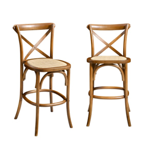 Lot de 2 tabourets de bar bistrot vintage en bois d'hévéa effet noyer avec repose-pieds