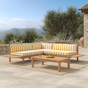 Canapé d'angle de jardin, teck massif, coussins rayés jaunes 4 places - Nadila