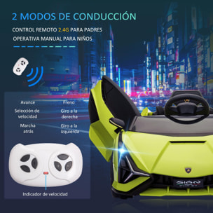 Coche Eléctrico Lamborghini SIAN 12V para Niños de +3 Años con Mando a Distancia Apertura de Puerta Música MP3 USB y Faros 3-5 km/h 108x62x40 cm Verde