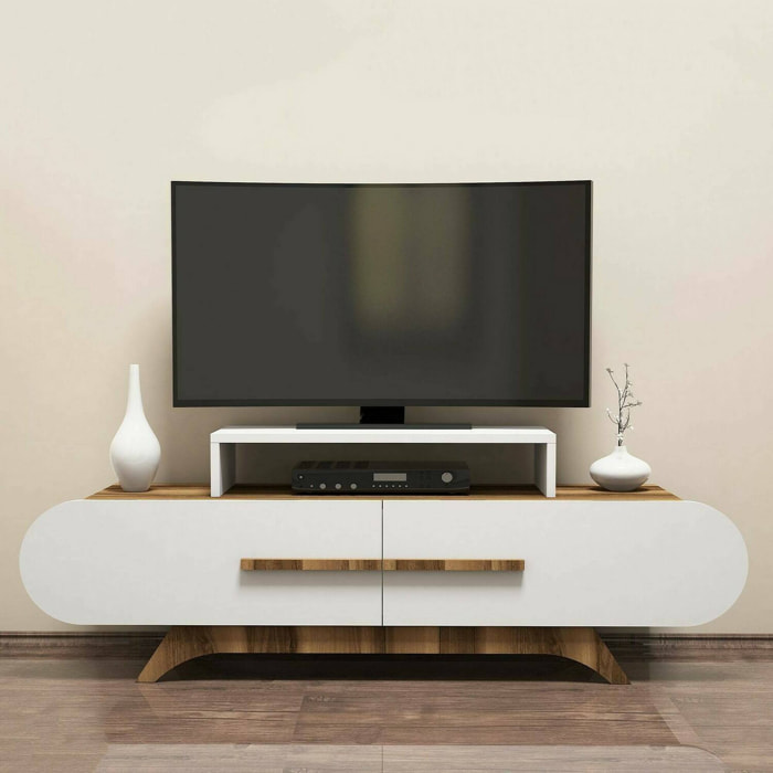 Mobile porta TV Dkastano, Credenza da soggiorno, Armadio basso per TV, Base parete attrezzata, 145x37h50 cm, Noce e Bianco