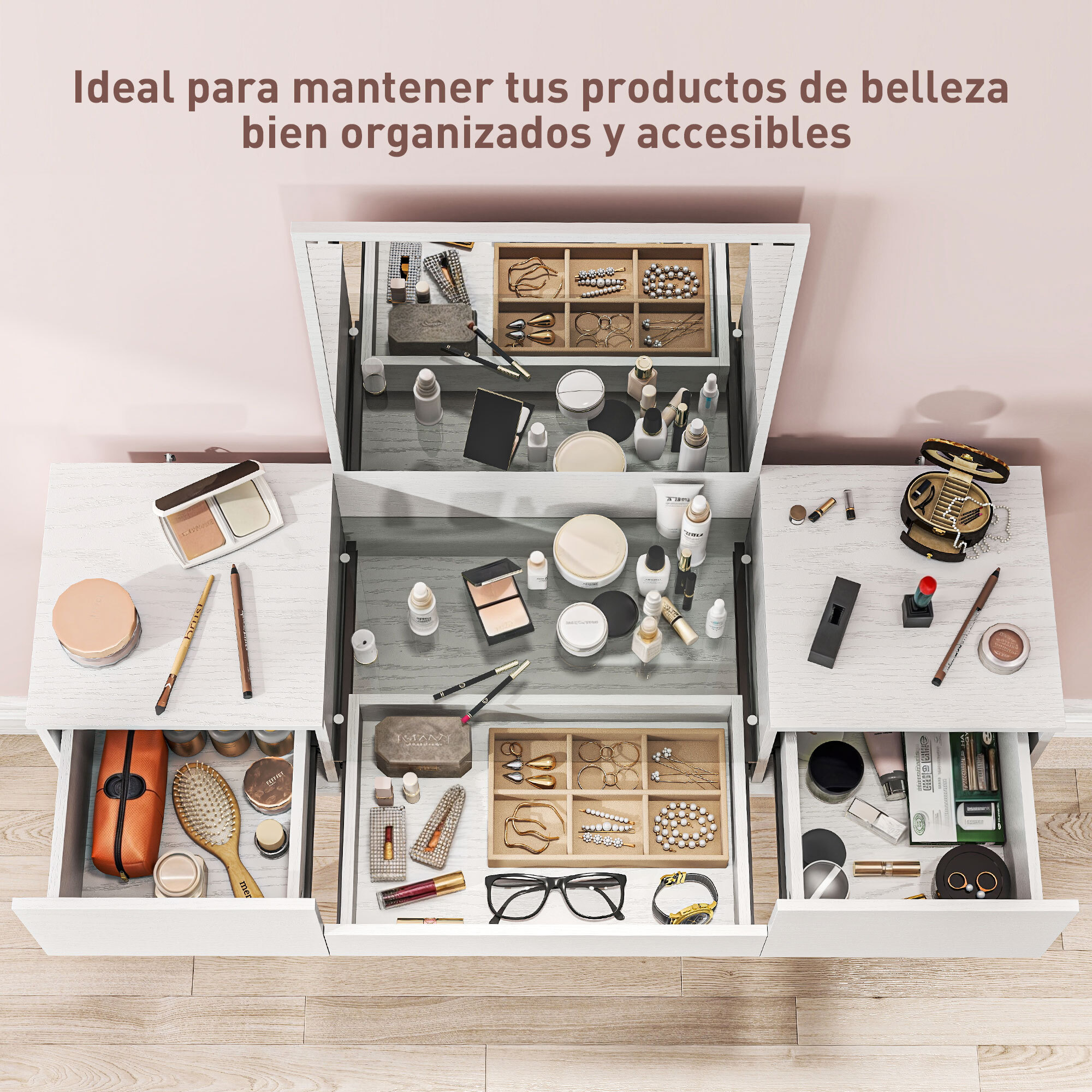 Tocador de Maquillaje con Espejo Tocador con Encimera de Vidrio Templado Visible 3 Cajones Mesa de Maquillaje Moderna para Dormitorio Blanco