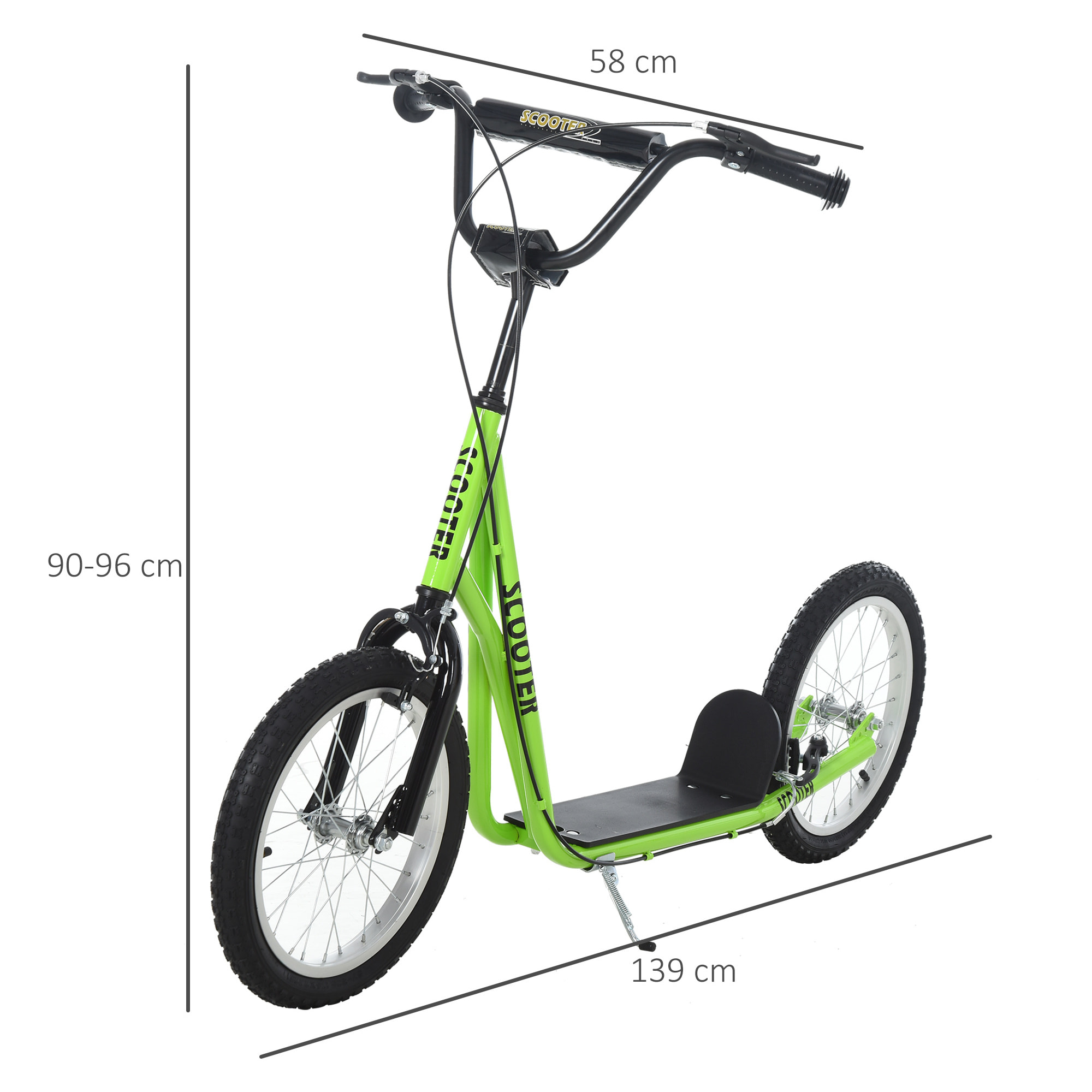 Patinete para Niños +5 Años, Patinete Infantil de 2 Ruedas, con Manillar Ajustable en Altura, 2 Neumáticos de Caucho Inflable, Doble Freno, Carga 100 kg, 139x58x90-96 cm, Verde Flourescente