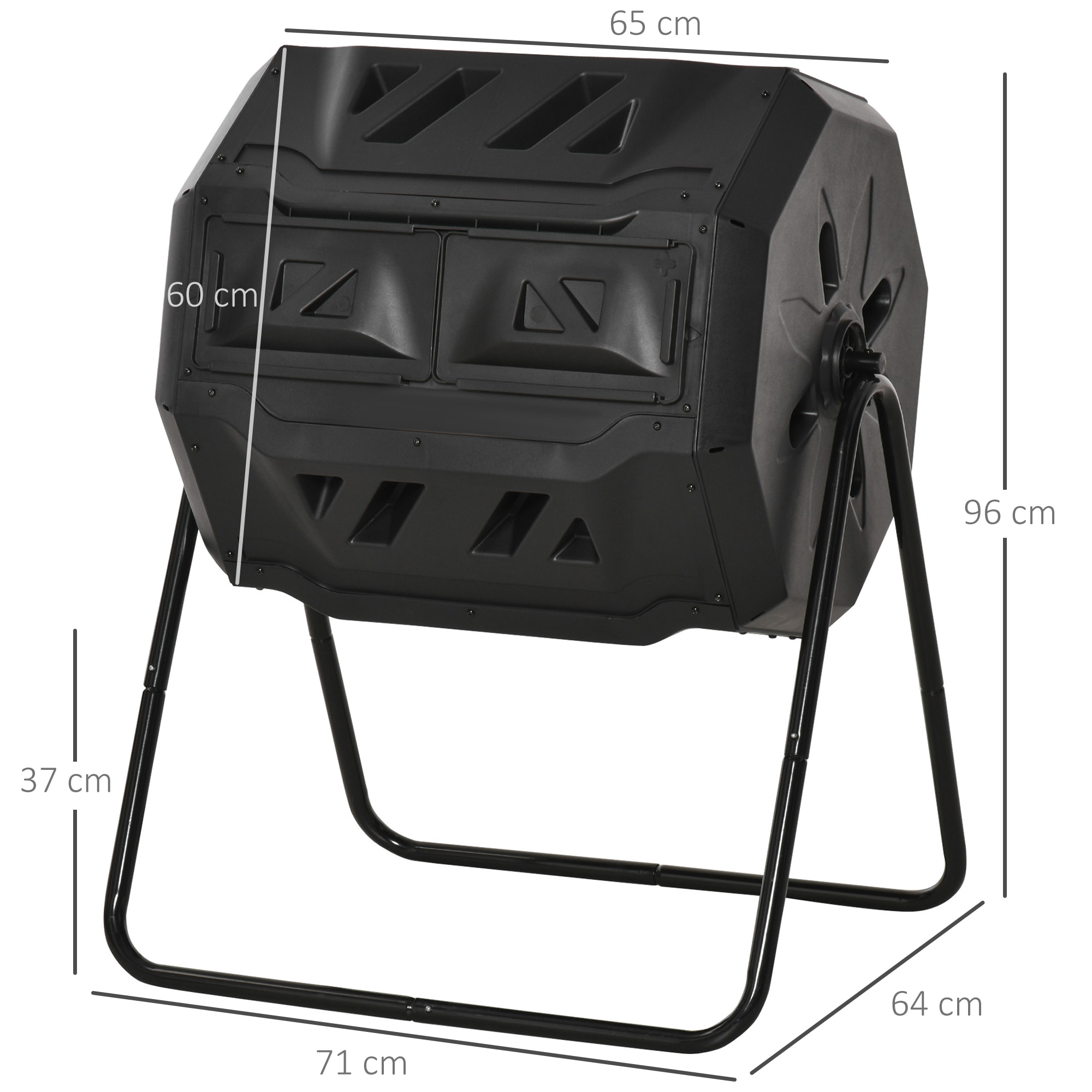 Compostador de Tambor Giratorio con Capacidad 160 litros de Doble Cámara y Ventilación Marco de Acero para Residuos Orgánicos de Jardín 71x64x96cm Negro