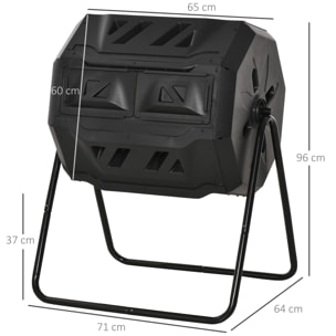 Compostador de Tambor Giratorio con Capacidad 160 litros de Doble Cámara y Ventilación Marco de Acero para Residuos Orgánicos de Jardín 71x64x96cm Negro