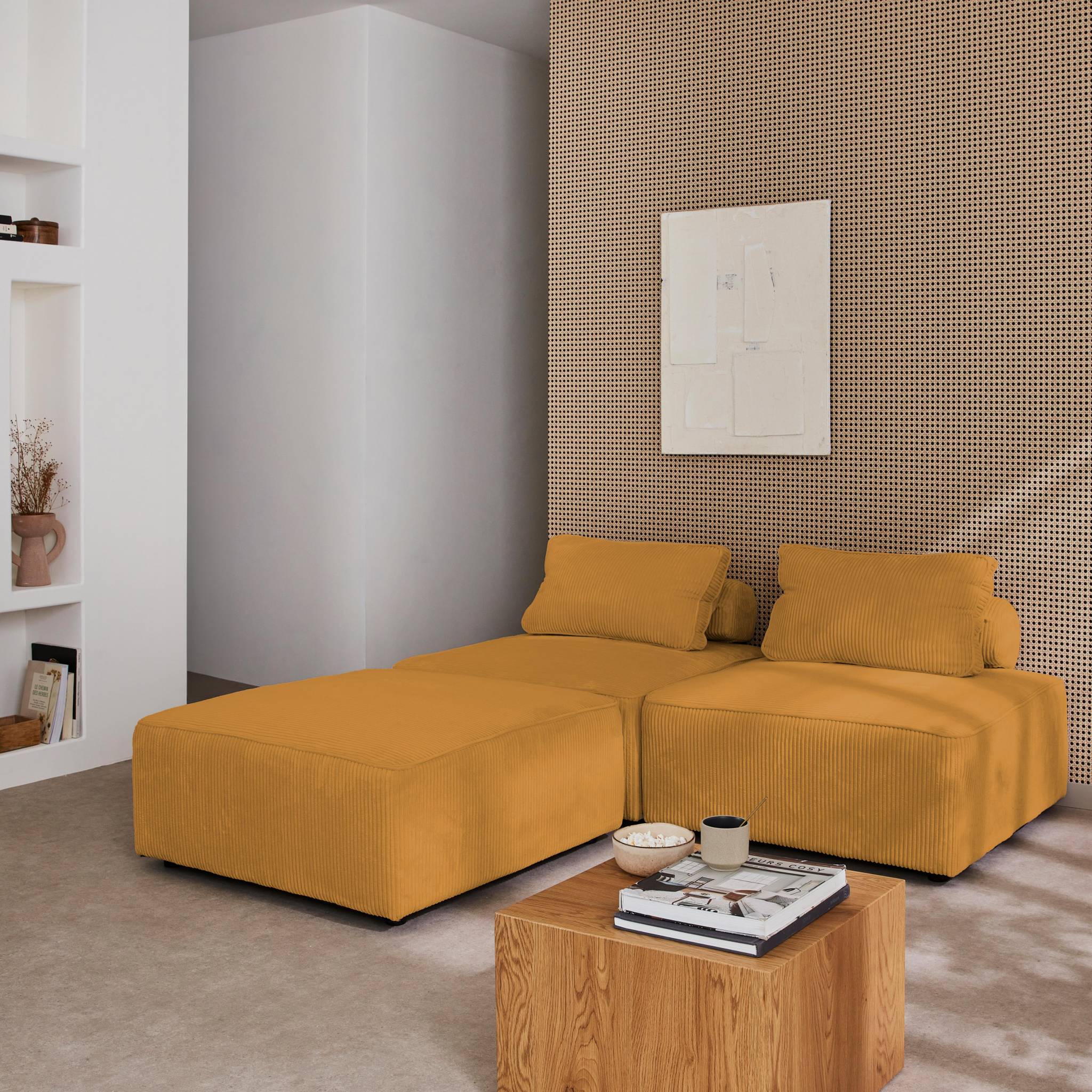 Lot de 3 chauffeuses pour canapé modulables velours côtelé moutarde avec un coussin