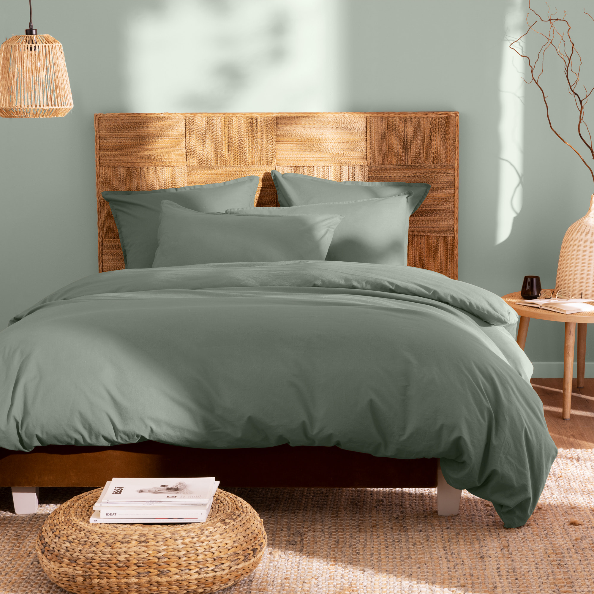 Parure de lit unie en coton taies à volant, COTON LAVÉ