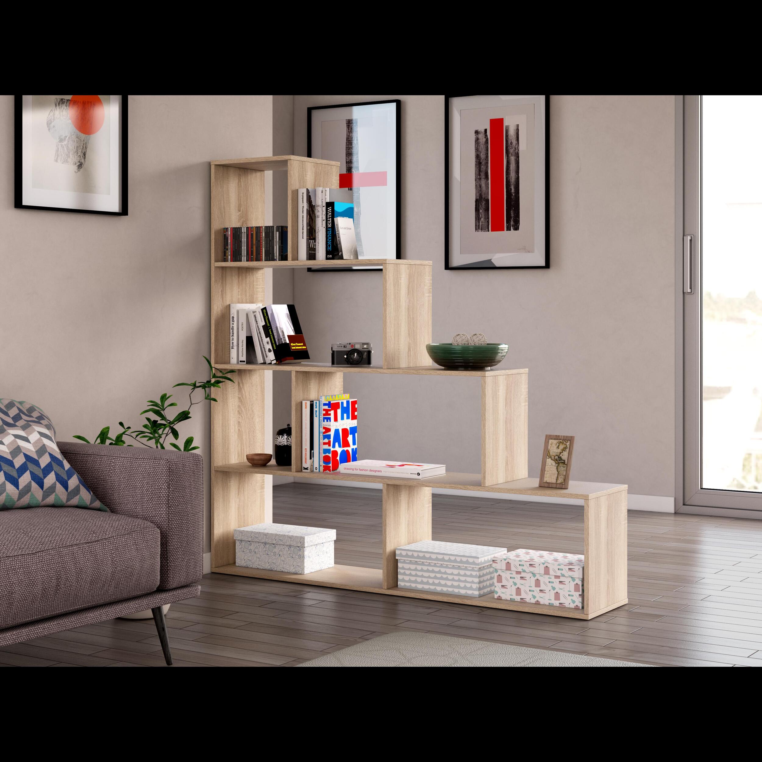 Libreria Scaffale Multiuso Con 6 Ripiani Per Soggiorno Salotto Camera Cameretta Design Moderno Modulabile Piedini Antigraffio 145x145x29 Cm  Rovere