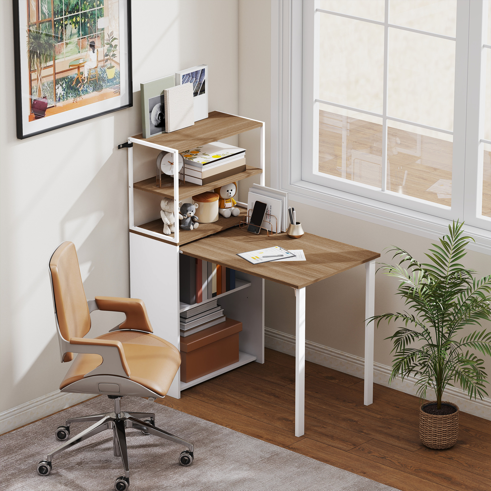 Escritorio Plegable con Estantería, Mesa de Escritorio con 4 Estantes, Mesa de Ordenador para Espacios Pequeños, Estudio, Oficina en Casa, 105x60x127 cm, Natural