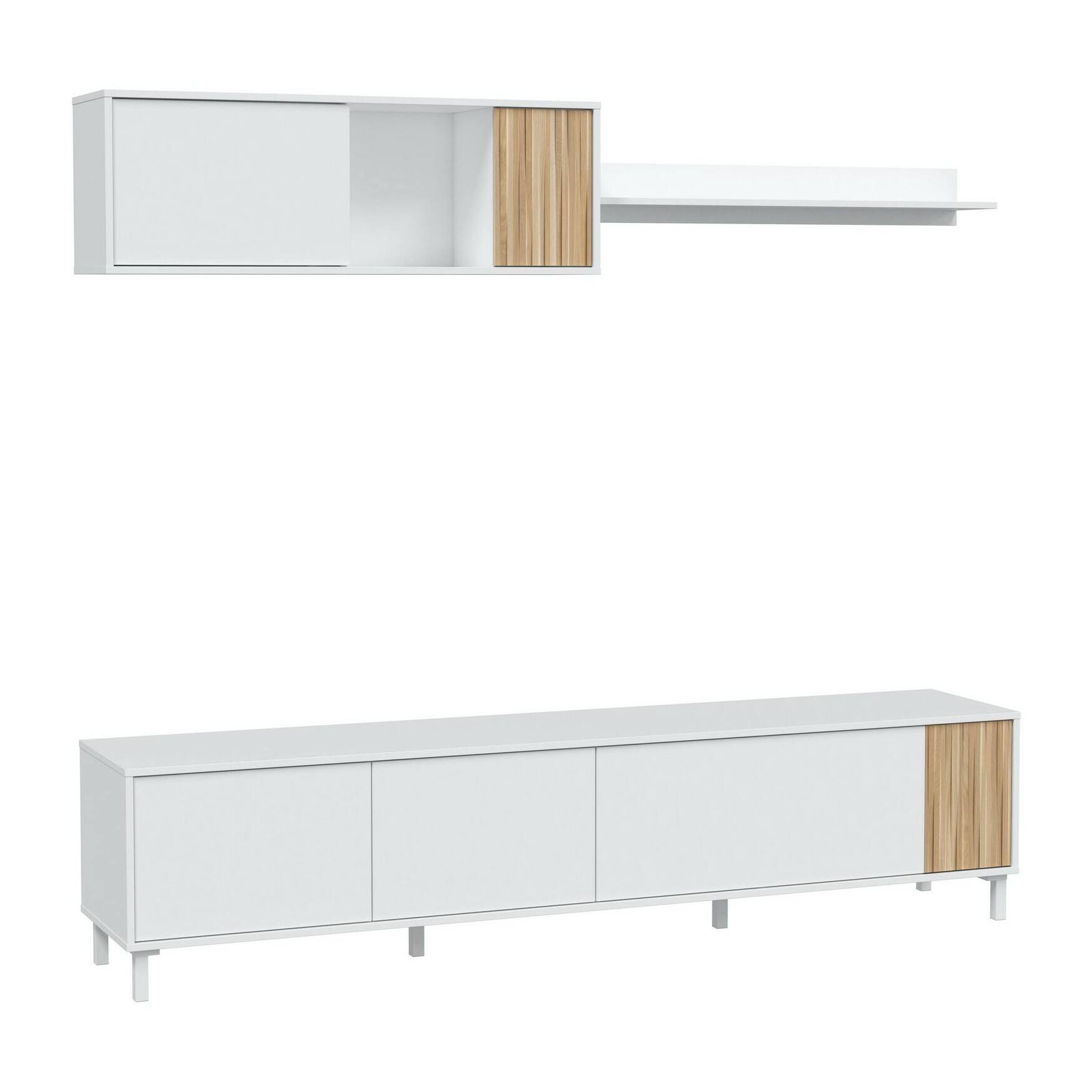 Mobile porta TV Woonsocket, Armadietto soggiorno con ante, Armadio pensile con mensola, Credenza multiuso, 200x40h47 cm, Bianco e Rovere