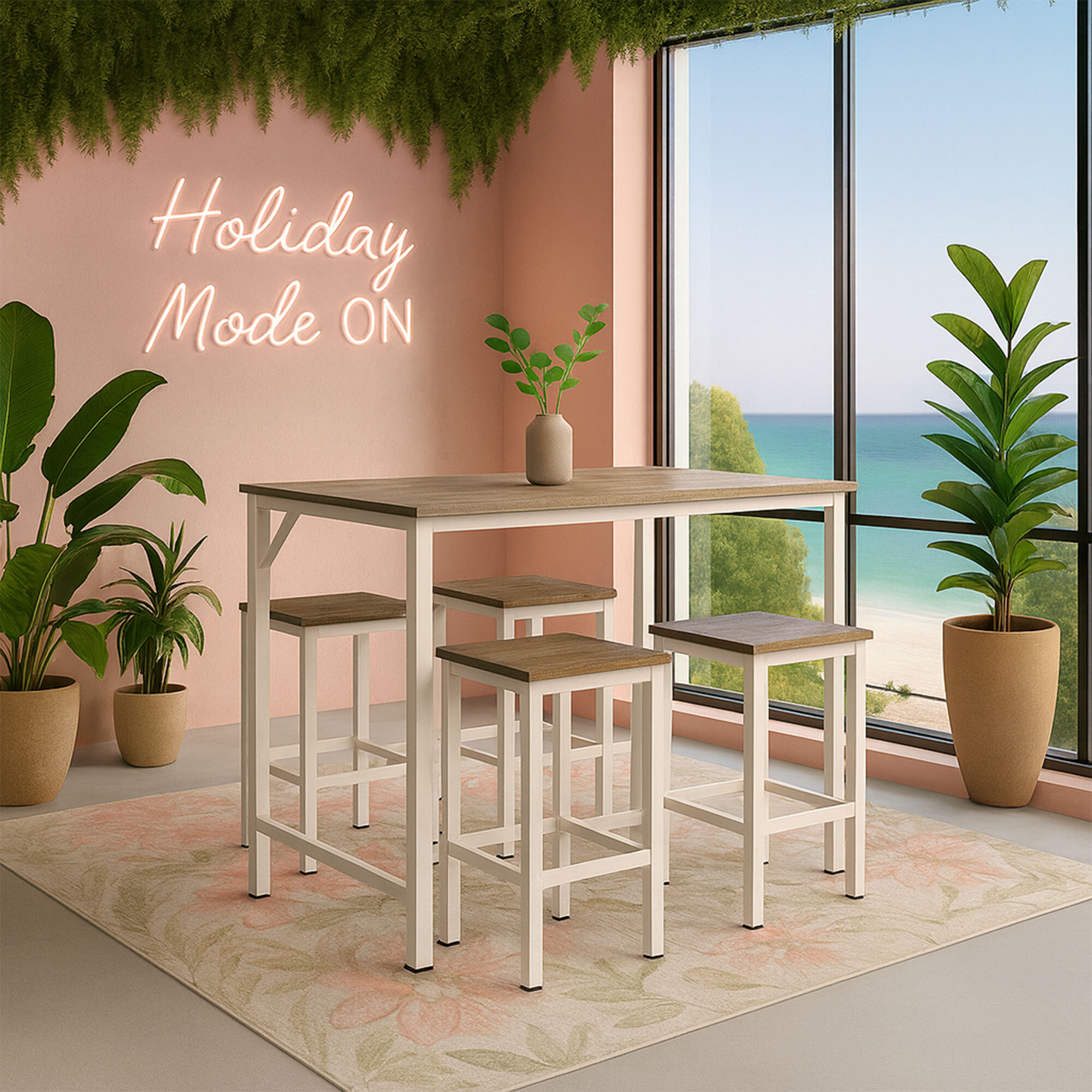 Sabi - Tavolo bar con 4 sgabelli quadrati in stile industrial oak, set angolo breakfast