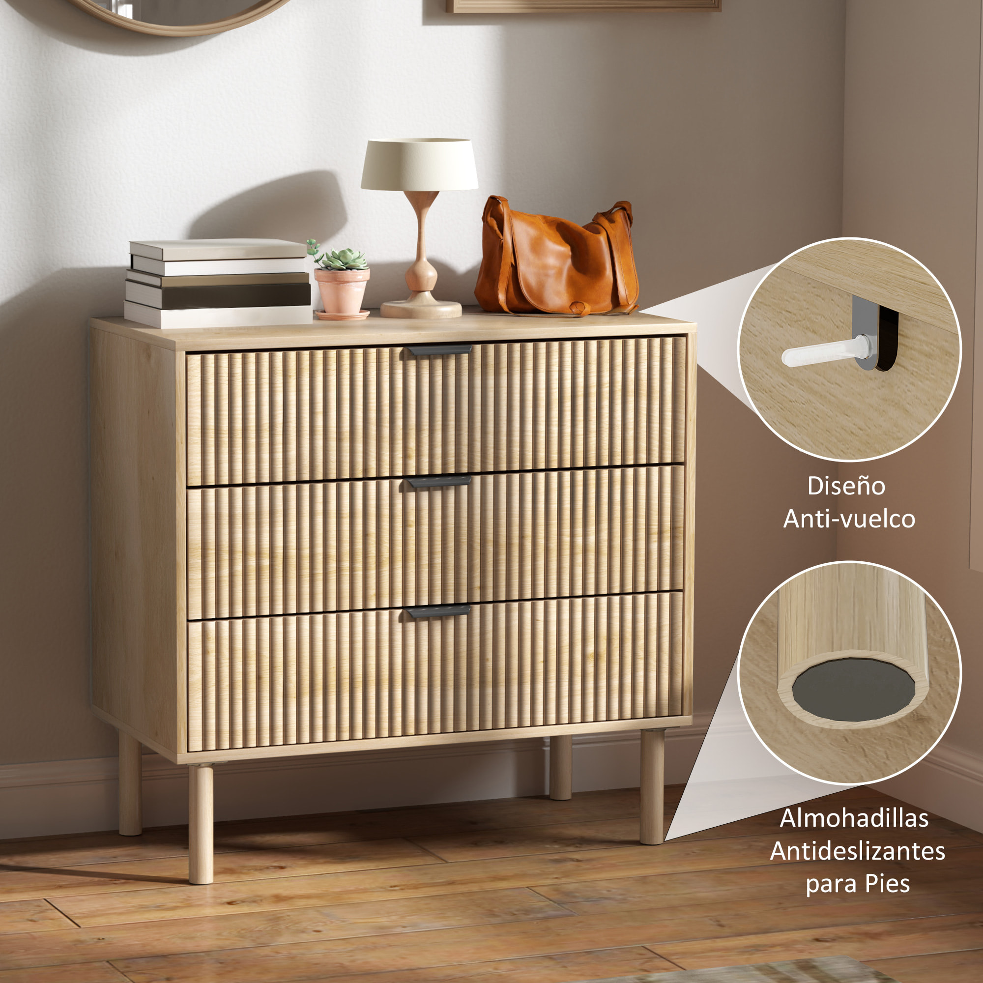 Cómoda con 3 Cajones Cómoda de Dormitorio Estilo Nórdico con Sistema Anti-vuelco Frentes con Paneles Acanalados y Tiradores Metálicos Cajonera para Salón Pasillo 80x40x77,5 cm Roble