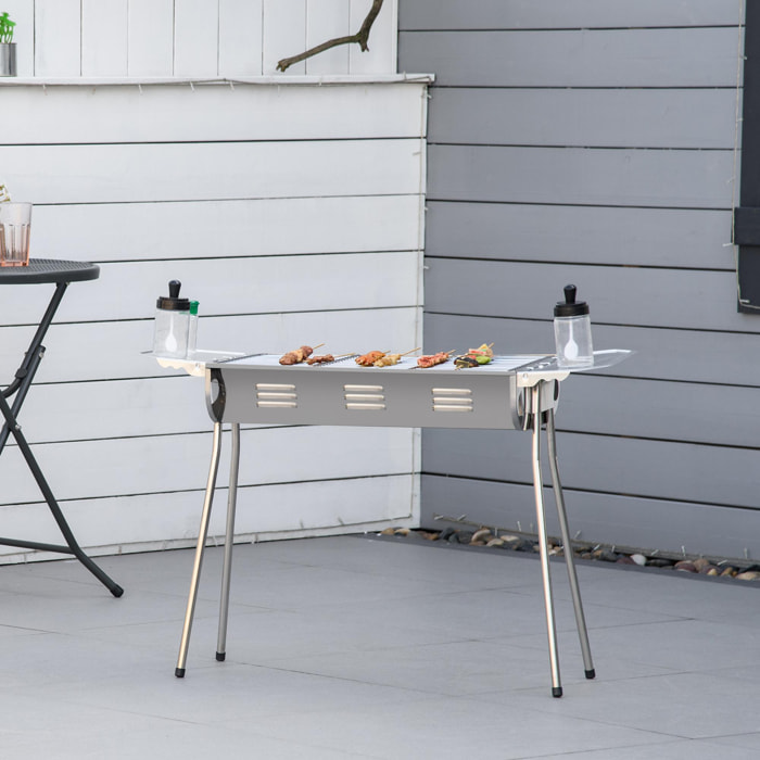 Barbecue à charbon portable BBQ grill sur pieds 2 tablettes rabattables dim. 93L x 30l x 60H cm acier inox.