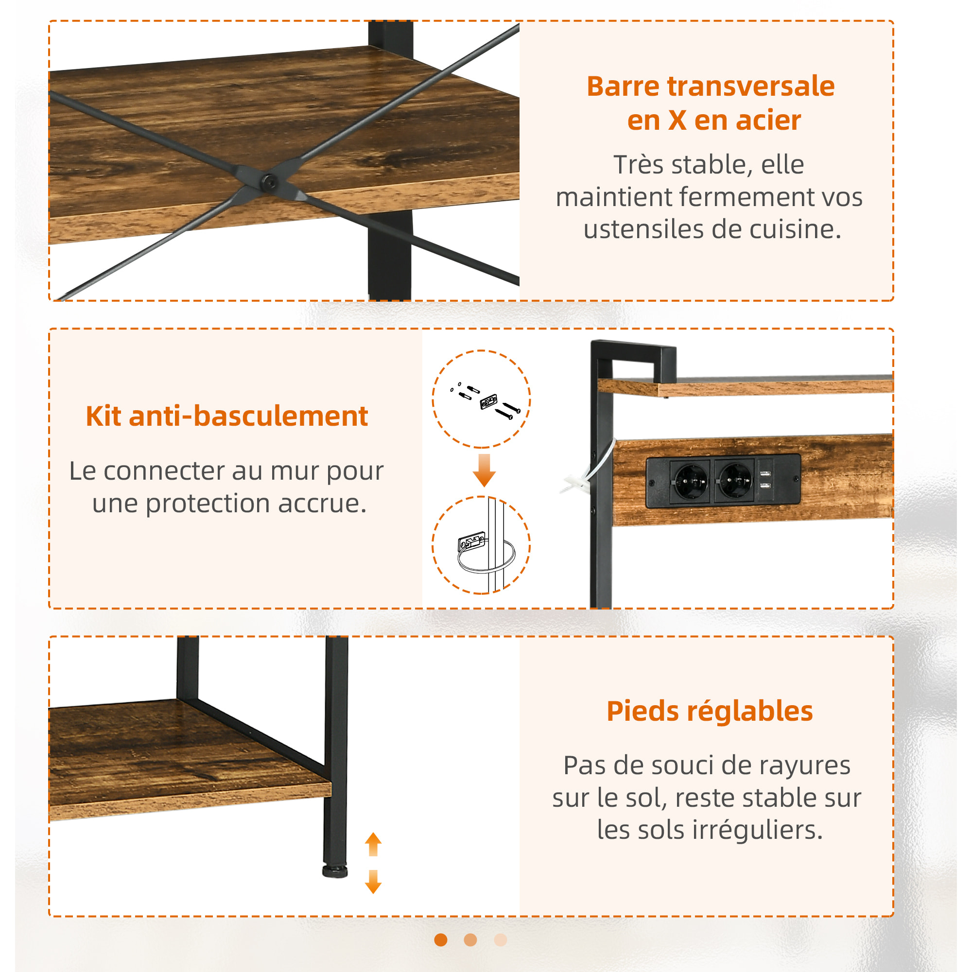 Étagère de cuisine avec multiprise et 2 chargeurs USB - 6 étagères, plateau, 5 crochets - acier noir aspect bois vieilli