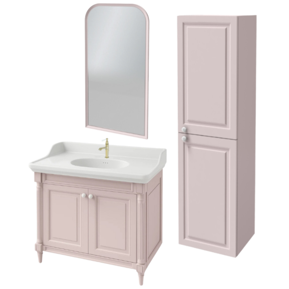 Pack meuble vasque Cléo 1889 rose velours + colonne droite + miroir + mitigeur or