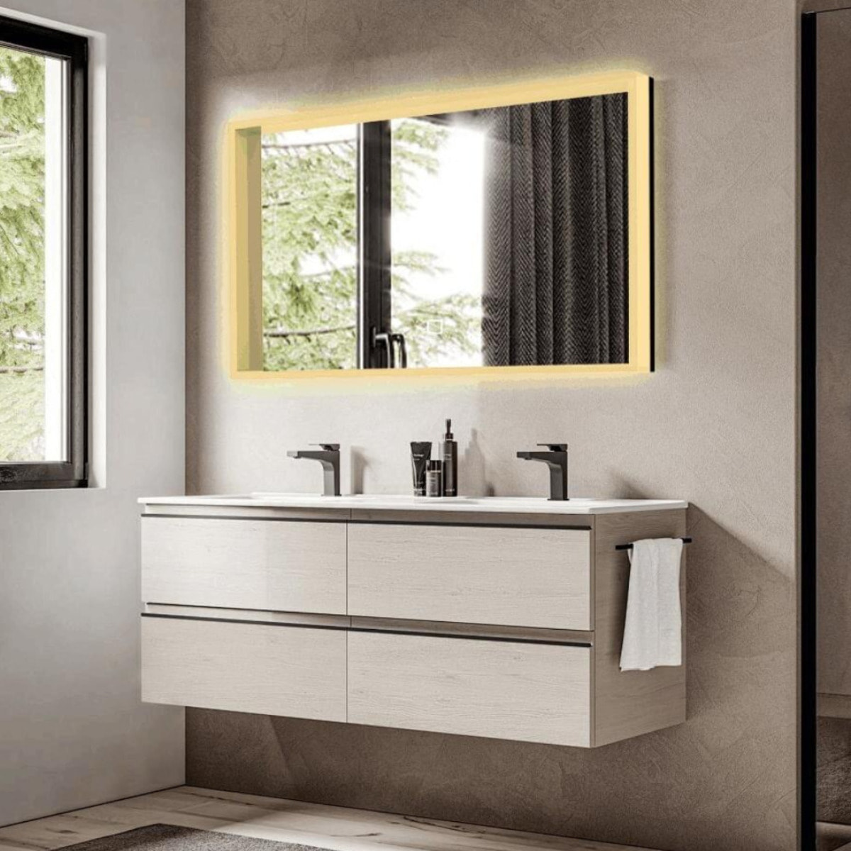 Miroir lumineux rectangulaire l.60 x H.100 cm LED 3 couleurs avec capteur Vision SAT (SATZVIOBLED60100)