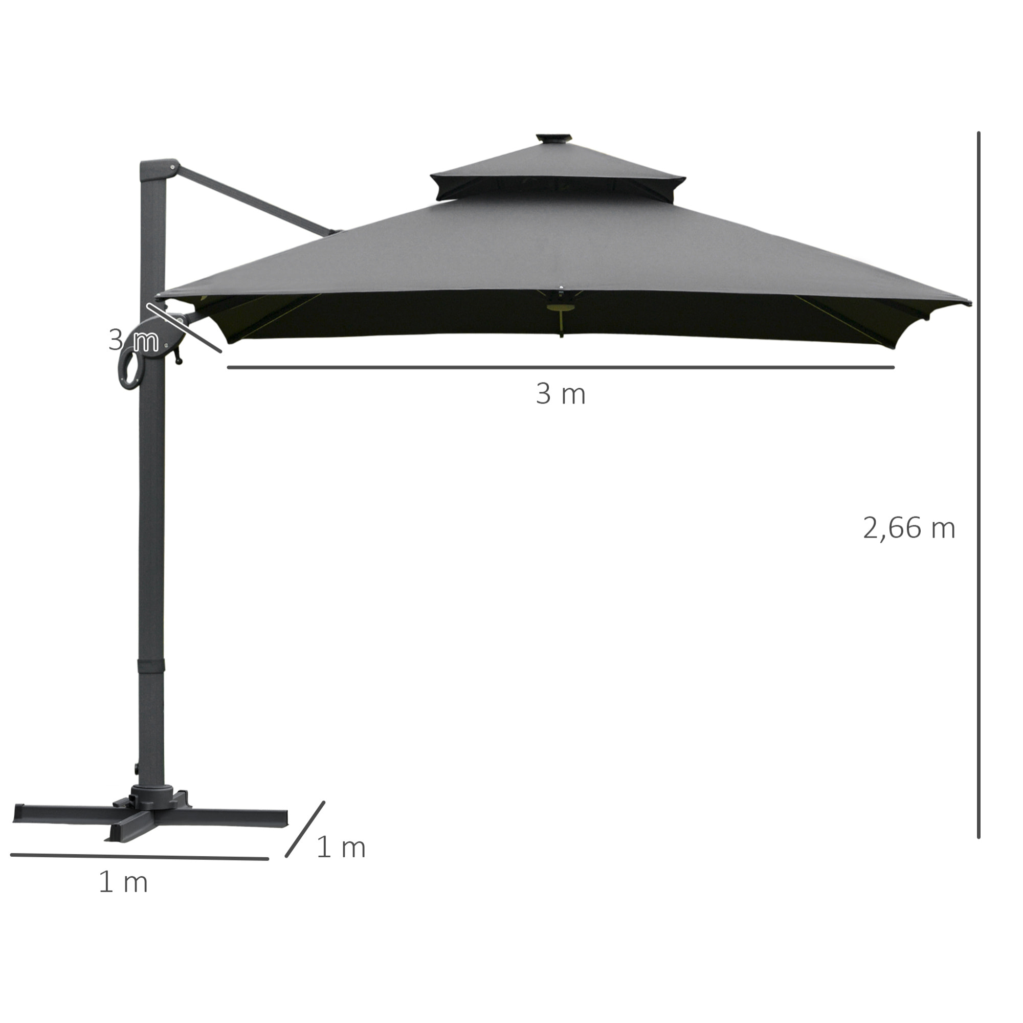 Parasol déporté rectangulaire parasol LED inclinable pivotant manivelle acier alu. dim. 3L x 3l x 2,66H m polyester gris