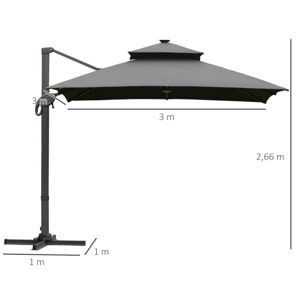 Parasol déporté rectangulaire parasol LED inclinable pivotant manivelle acier alu. dim. 3L x 3l x 2,66H m polyester gris