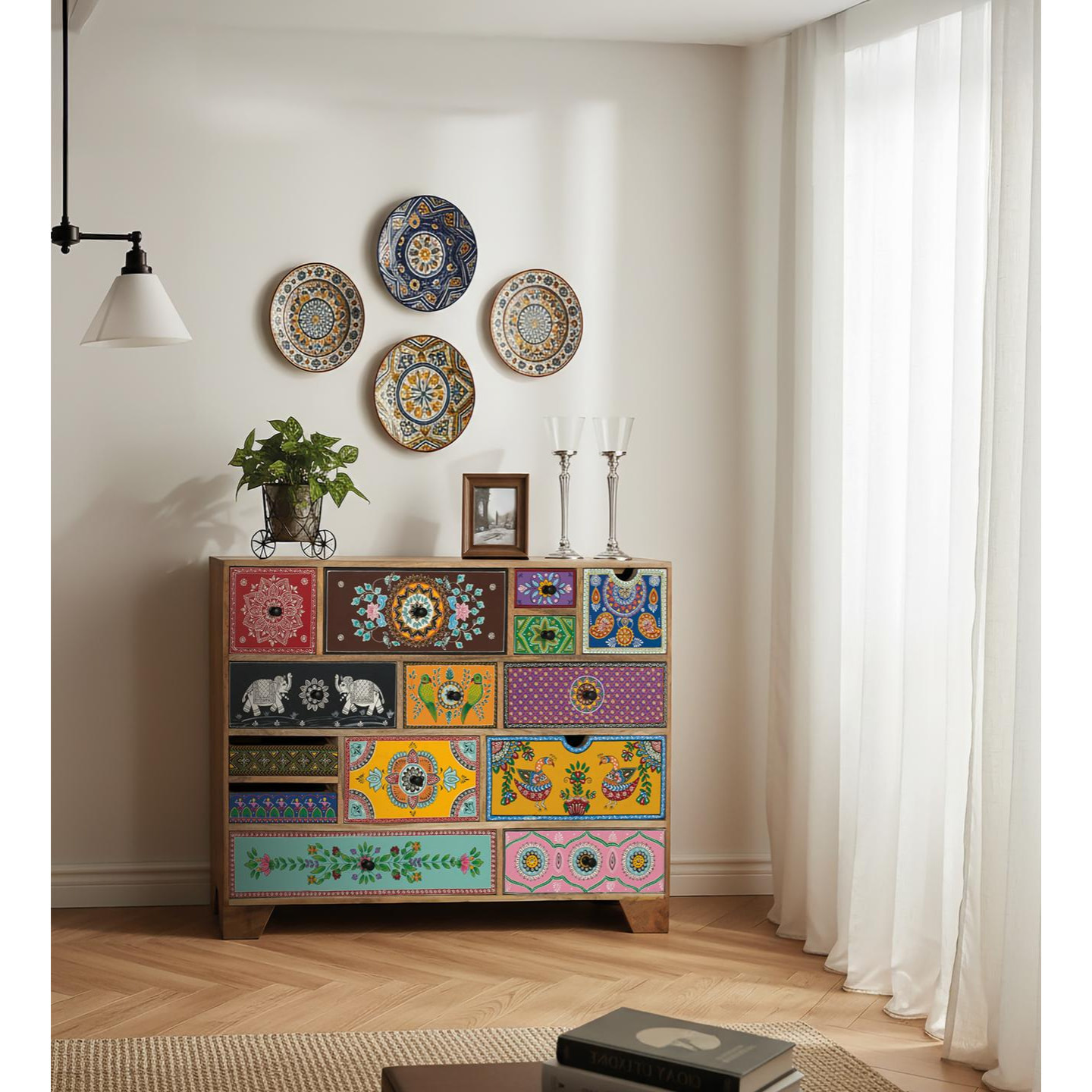 Cómoda de Madera de Mango 120 Cm Estilo Étnico Boho