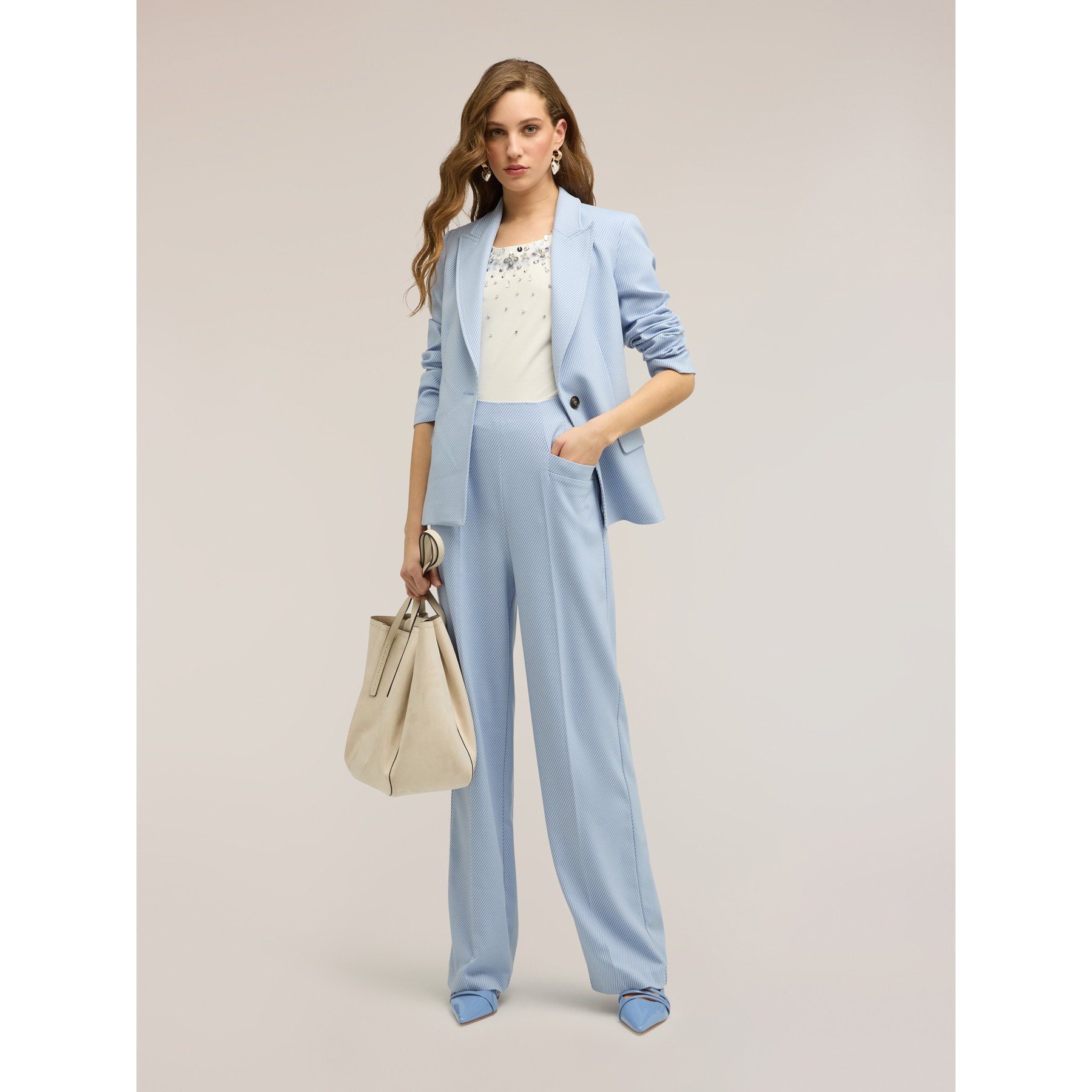 Motivi - Pantaloni palazzo in tessuto tinto filo a righe - Azzurro