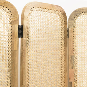 ISA - Paravent marron bois de manguier et cannage couleur naturelle