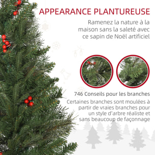 Sapin de Noël artificiel décoré Ø 78 x 210H cm 746 branches épines grand réalisme 45 baies rouges