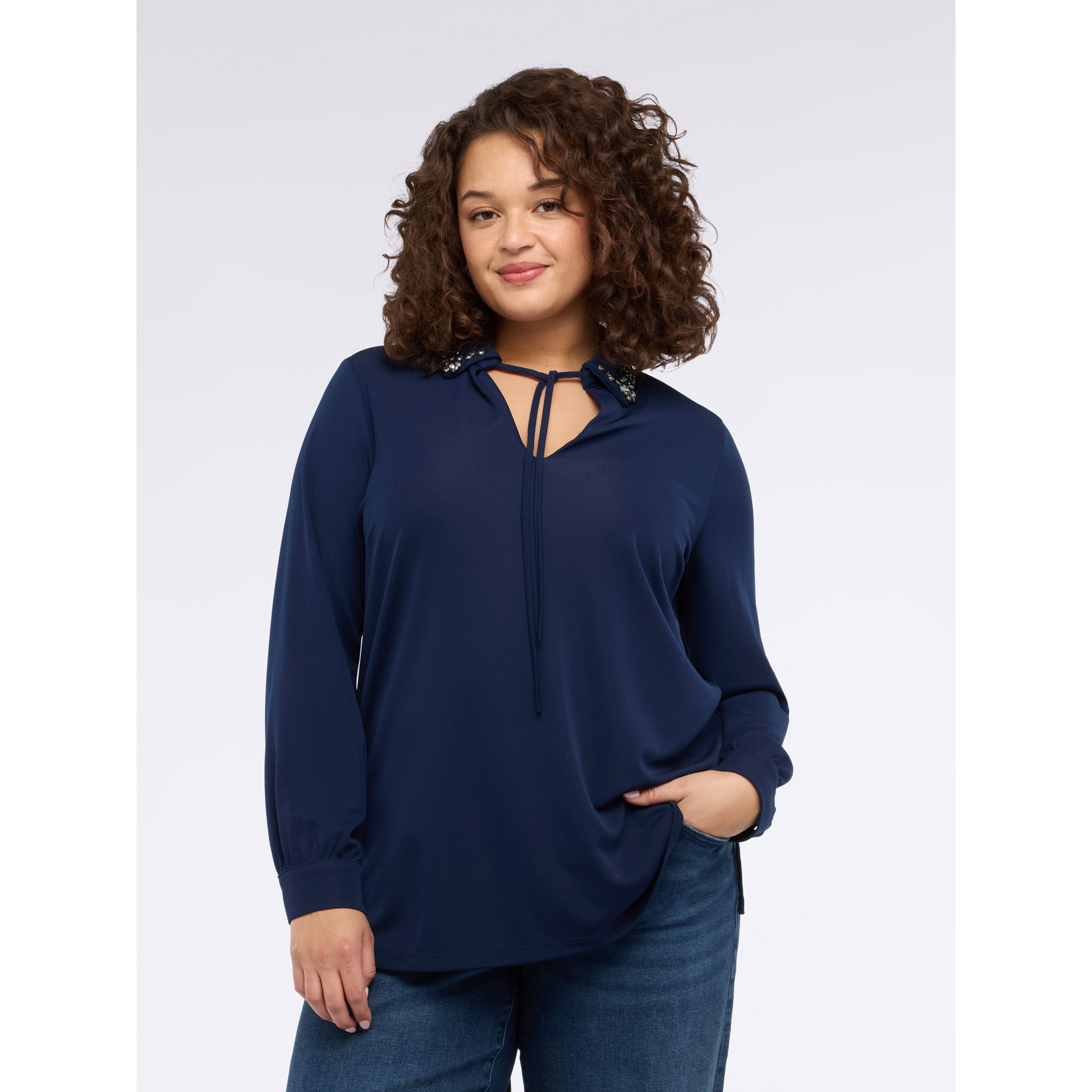 Fiorella Rubino - T-shirt in jersey con colletto prezioso - Blu