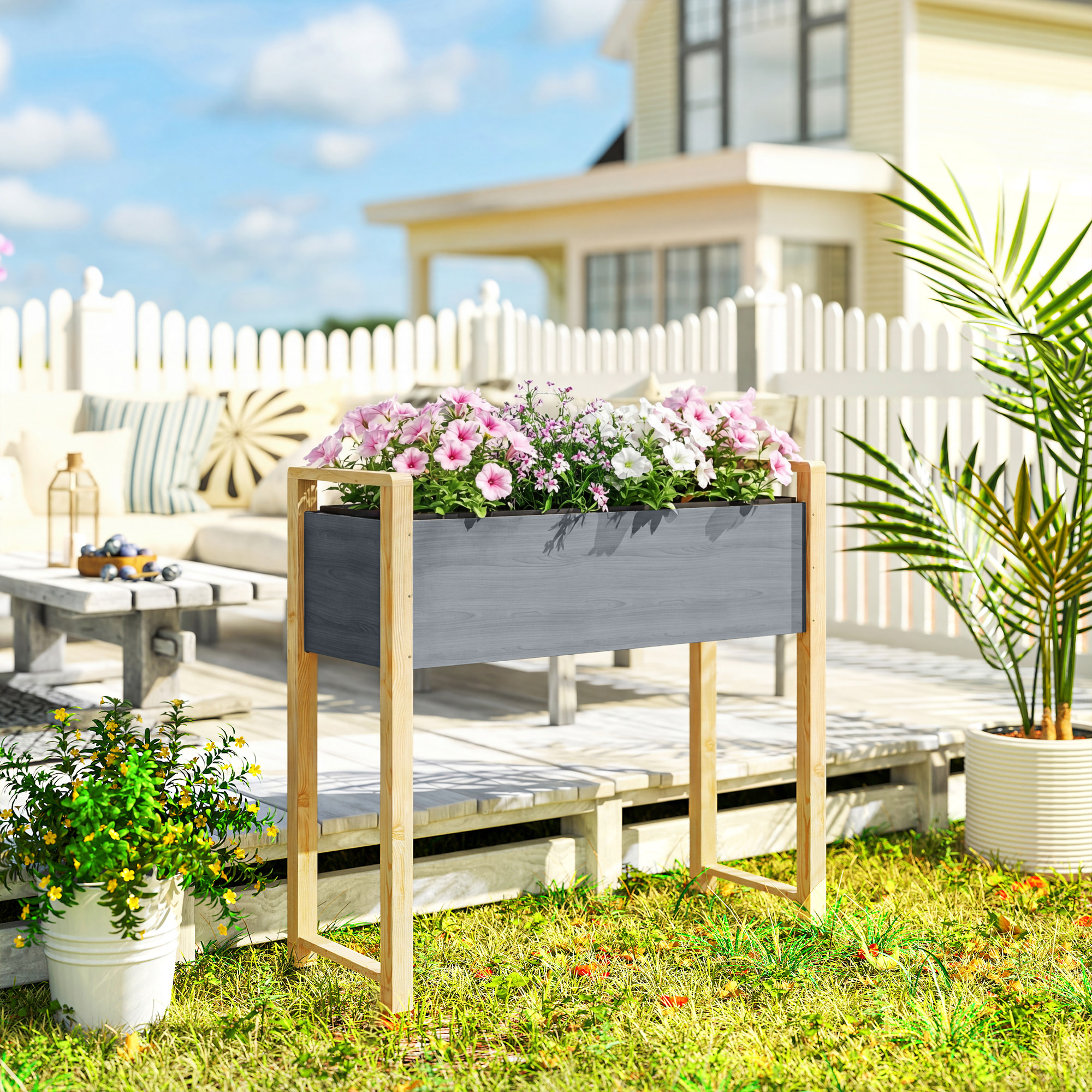 Jardinière design bicolore bois naturel et gris feutre drainage inclus