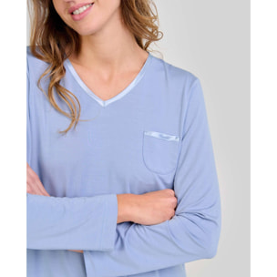 Pijama mujer tejido modal, escote en pico con raso, bolsillo, manga larga y pantalón largo