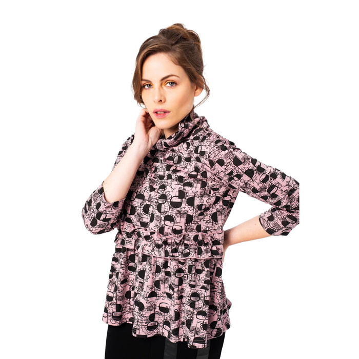 Mamatayoe Decoupage. Camiseta Estampada de Manga Larga para Mujer con Cuello Vuelto de Color Rosa para Otoño Invierno. Top con Volante y Ruffle, Elegante y Original.