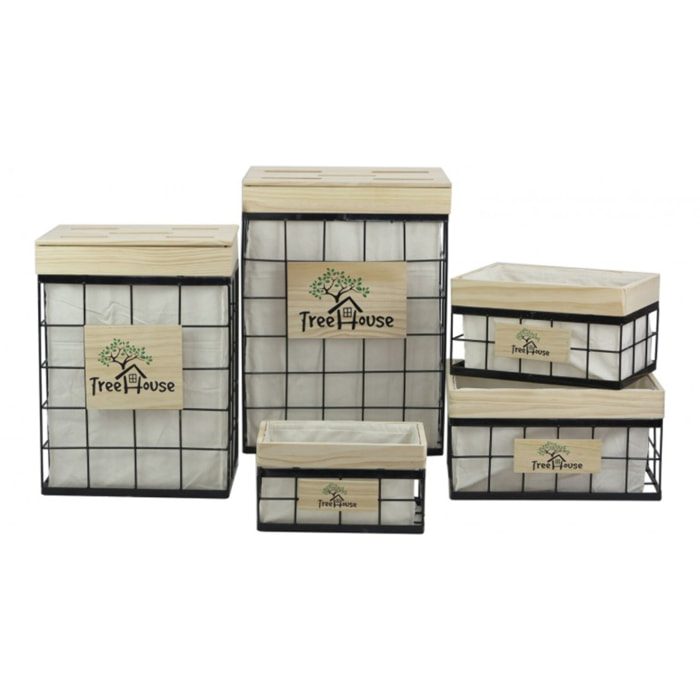 Corbeille rectangulaire fil de fer noir et bois - TREEZ