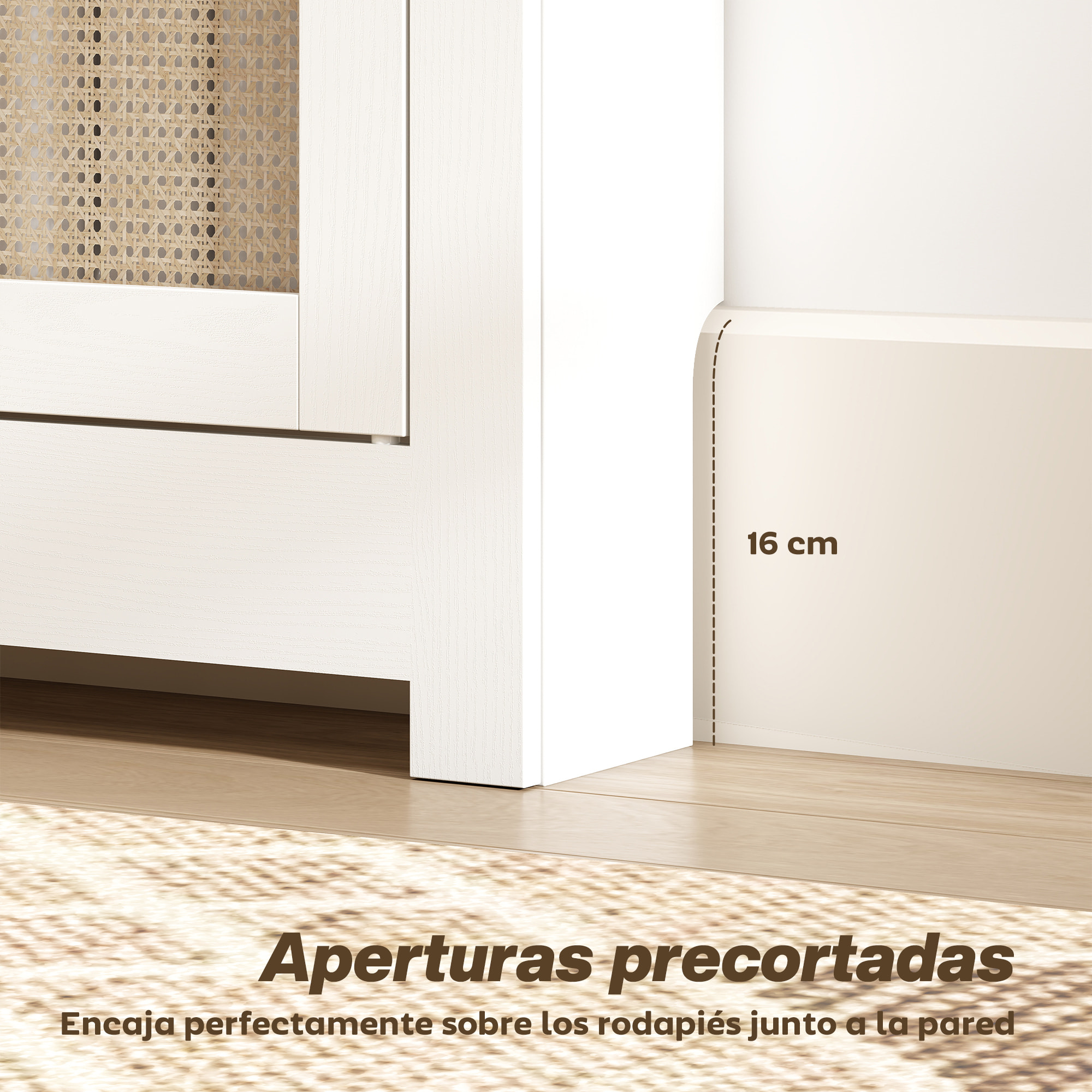 Cubre Radiadores con Puertas Abatibles y Ratán, Cubreradiador de MDF, 111x19x95,5 cm, Cubierta para Radiador, 2 Compartimentos, Diseño Bohemio, para Salón, Dormitorio, Blanco