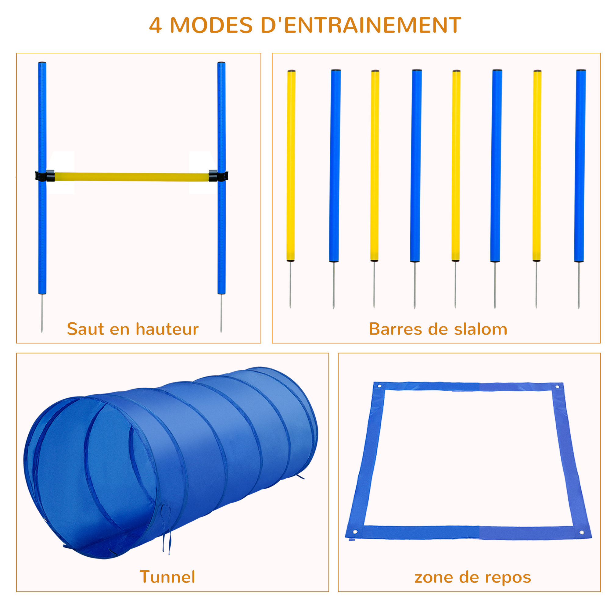 Agility sport pour chiens équipement complet obstacle, tunnel, slalom, zone repos + sac de transport bleu jaune