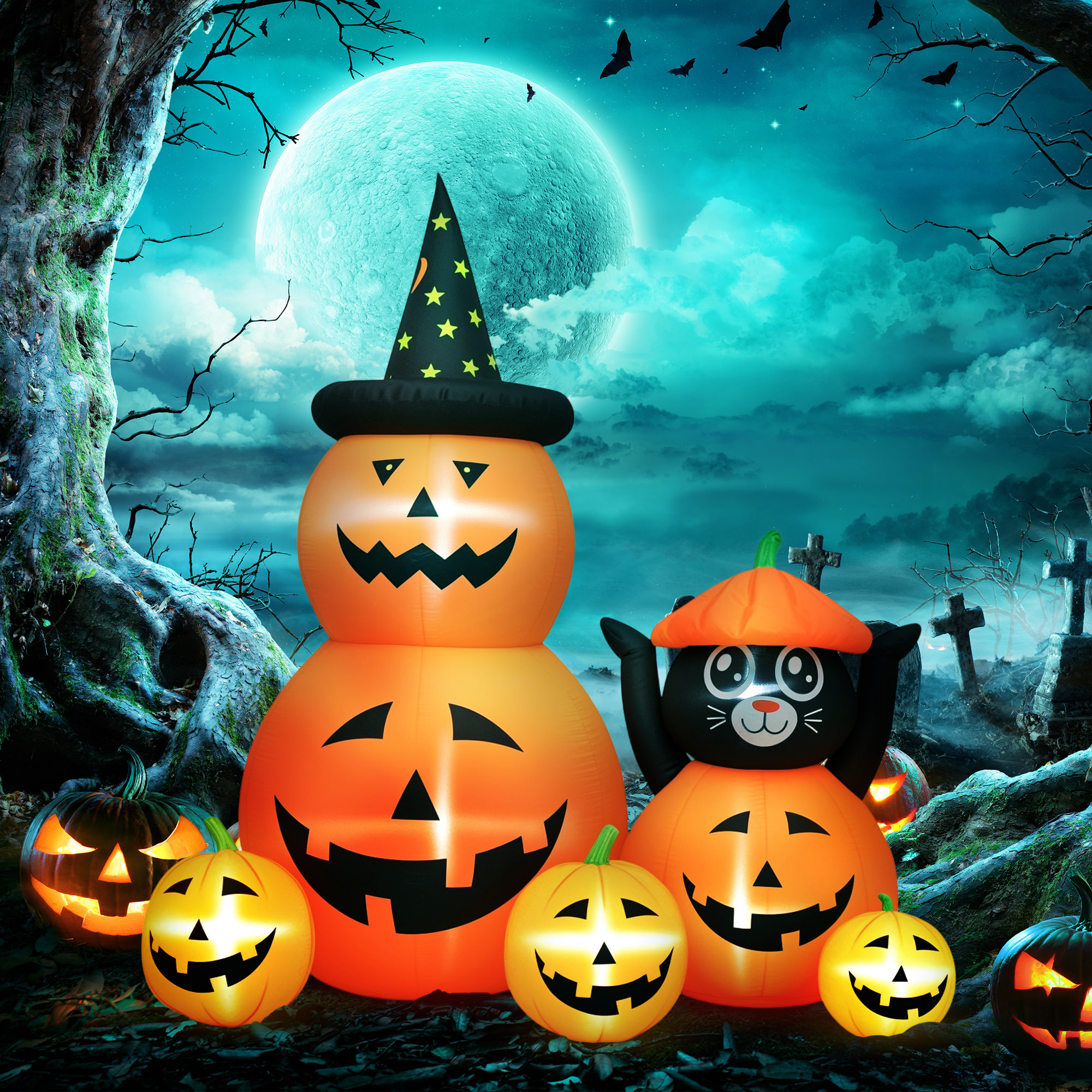 Calabaza Inflable de Halloween con Gato de 6 Pies, Decoración de Halloween con Luces LED, IP44 e Inflador, para Jardín, Fiestas, Exterior, 160x100x180 cm, Naranja