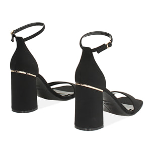 Sandalo donna nero in tessuto, tacco largo 9 cm